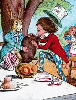 Teapot Gallery: The Mad Hatter and the March Hare trying to put the Dormouse into a teapot, c1910