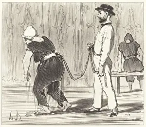 Swimming Prints: Madame Rabourdeau a sa premiere lecon, 1847. Creator: Honore Daumier