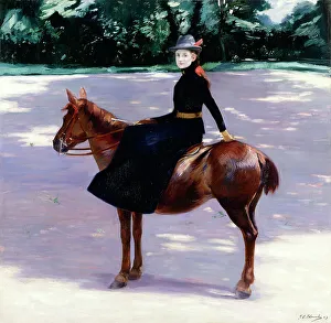Je Blanche Prints: Mademoiselle Meuriot on her pony, 1889. Creator: Jacques Emile Blanche