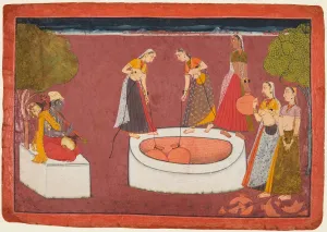 Color On Paper Prints: Madhava plays his vina before five women drawing water from a well, from a Madhavanala