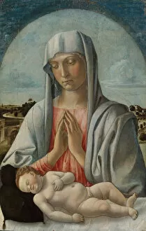 Tempera On Wood Collection: Madonna Adoring the Sleeping Child, early 1460s. Creator: Giovanni Bellini