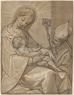 Crosier Collection: Madonna and Child with a Bishop, 1591. Creator: Andrea Andreani