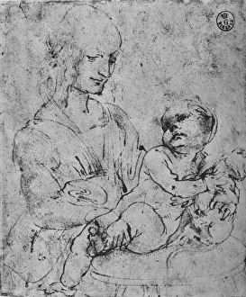 Line Drawing Prints: Madonna and Child with a Cat, 1478-1480 (1945). Artist: Leonardo da Vinci
