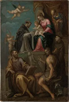 Devotion Prints: Madonna and Child Enthroned, with SS