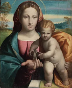 Our Lady Prints: Madonna and child with a little bird