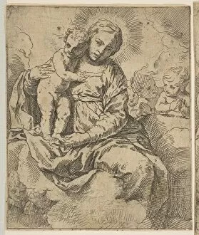 Simone Collection: Madonna and Child seated on clouds and surrounded by angels, copy in reverse a... ca