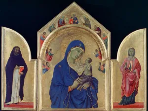 Byzantine Gallery: Madonna and Child with St Dominic and St Aurea, c1315. Artist: Duccio di Buoninsegna