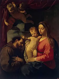Monk Prints: Madonna with Child and St Francis of Assisi, 1650. Creator: Simone Cantarini