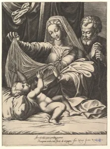 Musee Conde Prints: Madonna of Loreto, the Virgin lifts a veil above the Child, who lies on a bed and pillow