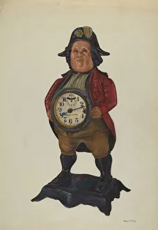 Clock Face Prints: Magic Lamp Clock in 18th Century Figure, c. 1940. Creator: George File