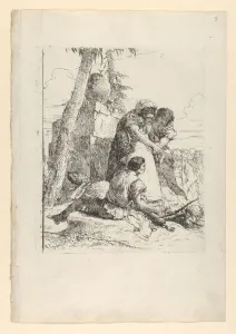 Cremation Prints: Magician pointing out a burning head to two youths, from the Scherzi, ca. 1743-50