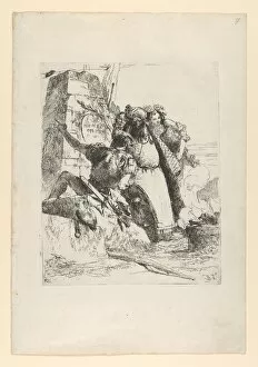 A magician, a soldier and three figures watching a burning skull from the Scherzi d