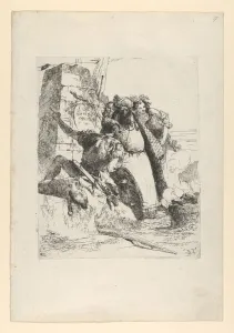 A magician, a soldier and three figures watching a burning skull from the Scherzi d A magician, a soldier and three figures watching a burning skull from the Scherzi d