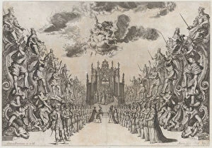 Etched Collection: Magnificent Hall of Astrea; men and women gathered in the street to view a procession thro... 1678