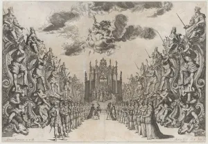 Magnificent Hall of Astrea; men and women gathered in the street to view a procession thro... 1678. Creator: Mathaus Küsel