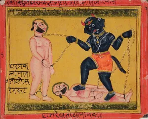 Chained Prints: Mahakala with Two Chained Men (recto), 19th century. Creator: Unknown