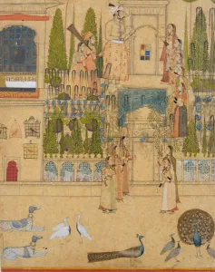 Ladies In Waiting Prints: Maharana Amar Singh II with Ladies of the Zenana outside the Picture Hall at Rajnagar, ca