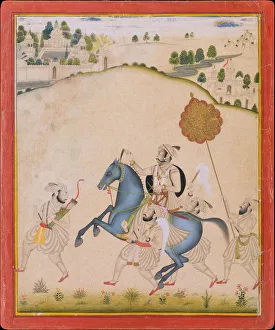 Stipple Prints: Maharana Amar Singh II Riding a Jodhpur Horse, ca. 1700-1710. Creator: Stipple Master