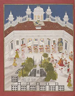 Gold Colour On Paper Prints: Maharana Ari Singh worshipping in his palace, 1765. Artist: Anonymous