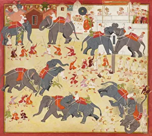 Mahouts Prints: Maharana Raj Singh observing an elephant fight, ca. 1670-1675. Creator: Unknown
