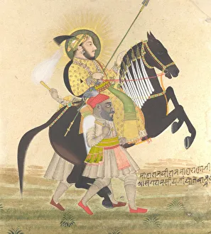 Sire Prints: Maharana Sangram Singh Riding a Prize Stallion, ca. 1712. Creator: Stipple Master (Indian