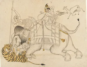 Elephant Prints: Maharao Shatru Sal II (1866-89) Hunting a Tiger, ca. 1866-89. Creator: Unknown