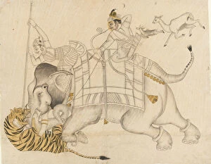 Maharaja Gallery: Maharao Shatru Sal II (1866-89) Hunting a Tiger, ca. 1866-89. Creator: Unknown