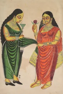 Kalighat Painting Gallery: Maid Bringing a Hookah to a Lady (recto); Krishna Weighted against Precious Objects (?) (verso)