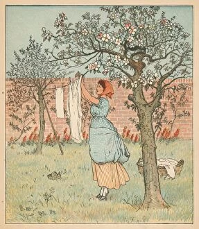 Washing Line Gallery: The Maid was in the Garden, Hanging out the Clothes, 1880. Creator: Randolph Caldecott