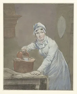 Domestic Help Prints: Maid pours milk into a saucepan, 1799. Creator: Jean Baptiste Mallett