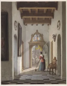 Sweeping Prints: Maid sweeping the hallway of a house, 1837. Creator: Louis Henri de Fontenay
