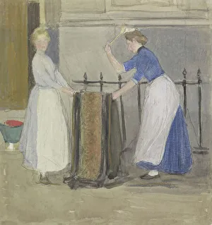 Cleaning Prints: Two maids airing a mat in front of a town hall, 1874-1927. Creator: Johan Antonie de Jonge