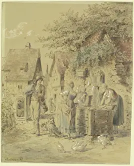 Washing Prints: Maids and a journeyman at the well, 1887. Creator: Bertha Bagge