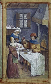 Medieval Illuminated Letter Gallery: The maids. Miniature from Livre d heures, Late 15th cen
