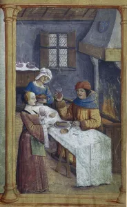 Soup Prints: The maids. Miniature from Livre d heures, Late 15th cen