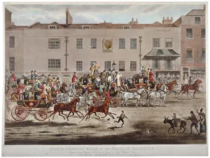 Thomas Sutherland Prints: Mail coaches in front of the Peacock Inn on Islington High Street, London, 1823