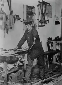 Carpentry Prints: Maimed German at work, between c1915 and 1918. Creator: Bain News Service