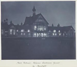Main bathouse (sic), Rotorua Sanatorium grounds by moonlight, 1920s. Creator: Harry Moult