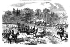 Saxe Coburg Gotha Albert Prints: Her Majesty inspecting the Aldershott Division at Frimley, 1858. Creator: Unknown