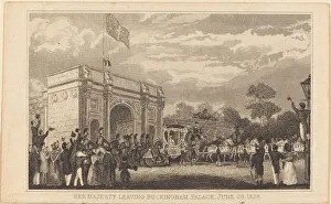 State Carriage Prints: Her Majesty Leaving Buckingham Palace, June 28, 1838 [left half], 19th century
