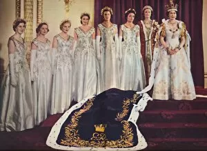 Crown Collection: Her Majesty the Queen with her Mistress of the Robes and the six Maids of Honour, 1953