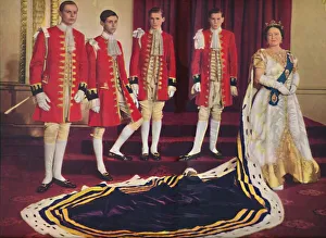 Cloak Collection: Her Majesty the Queen Mother with her pages, 1953. Artist: Sterling Henry Nahum Baron