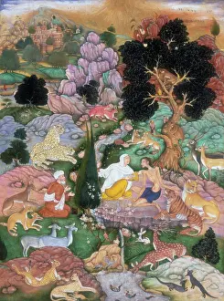 Leopard Prints: Majnun visited in the desert by his mother and Salim, 1595. Creator: Sanwlah
