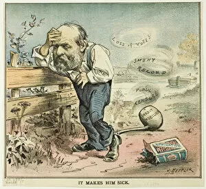 Illness Gallery: It Makes Him Sick, from Puck, published August 18, 1880. Creator: Joseph Keppler