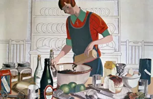 Cooking Gallery: Making the Empire Christmas Pudding, c. 1920s (colour lithograph) Artist: FC Harrison