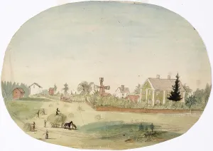 Making hay in front of the farmhouse, 1850-1855. Creator: Karl Anders Ekman