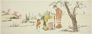 Ebangire Surimono Gallery: Making paper cords for tying hair, Japan, c. 1801 / 18. Creator: Hokusai