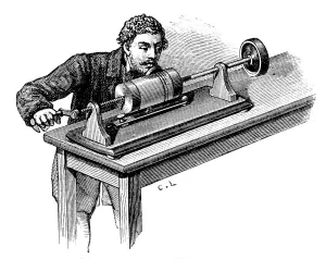 Making recording on first model of Thomas Edisons Phonograph, c1878 Making recording on first model of Thomas Edisons Phonograph, c1878