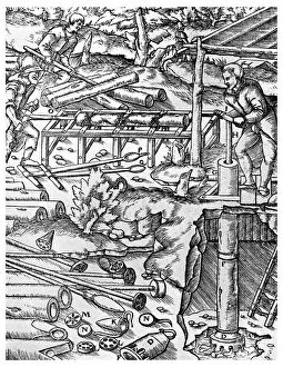 Drainage Gallery: Making and using elm tree pumps to drain mines before the days of the steam engine, 1556 (1956)
