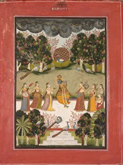 Rajasthan Prints: Malar Ragini: Krishna Playing the Flute to Seven Gopis Holding Musical Instruments